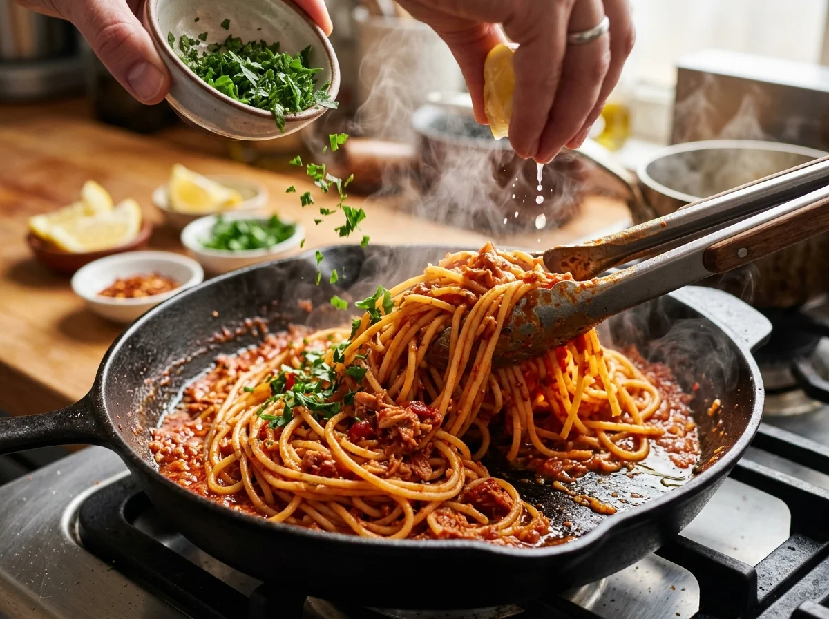 Spaghetti tossed in harissa sauce with lemon juice and chopped parsley