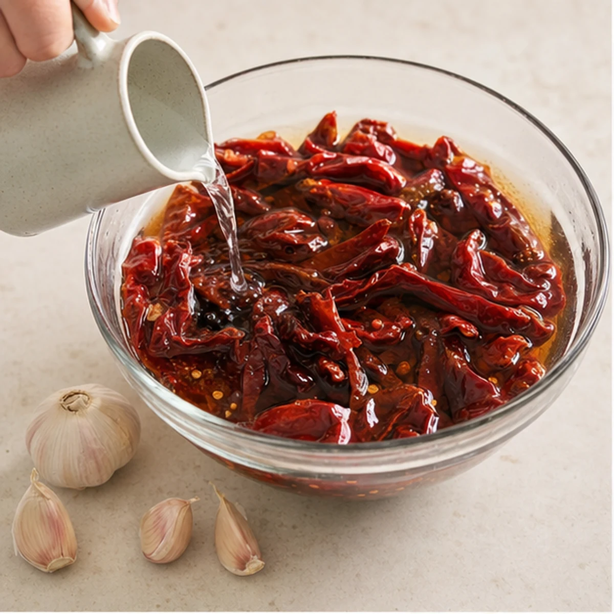 Soften the chiles for Tunisian Harissa Paste, showing the ingredients and preparation at this stage