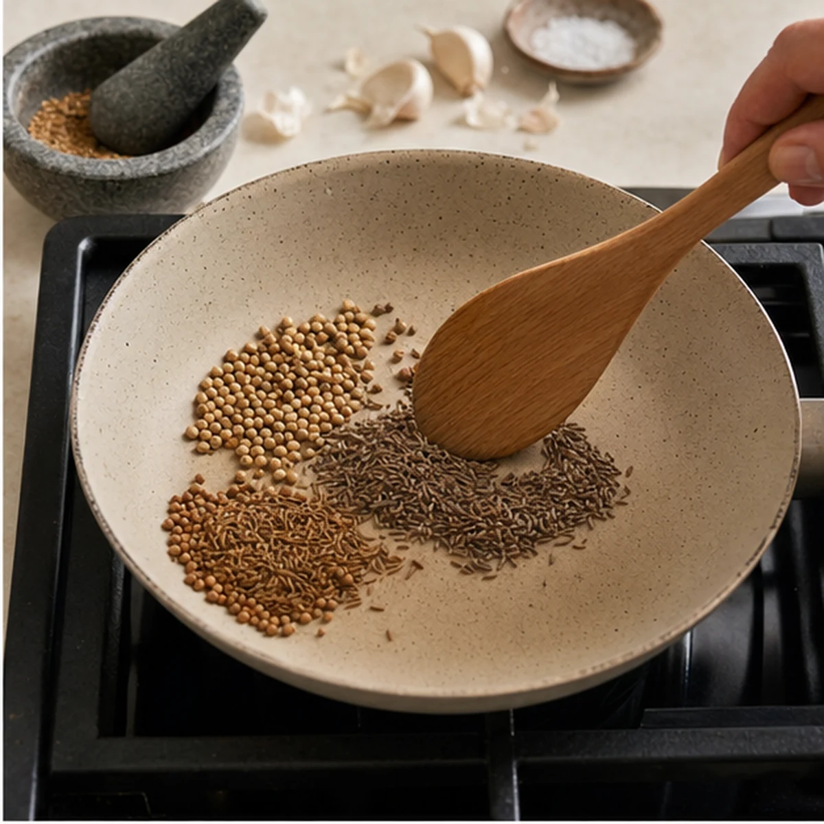 Toast the spices for Tunisian Harissa Paste, showing the ingredients and preparation at this stage