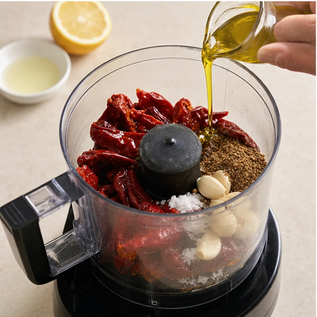 Blend for Tunisian Harissa Paste, showing the ingredients and preparation at this stage
