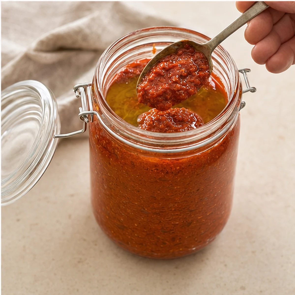 Jar for Tunisian Harissa Paste, showing the ingredients and preparation at this stage