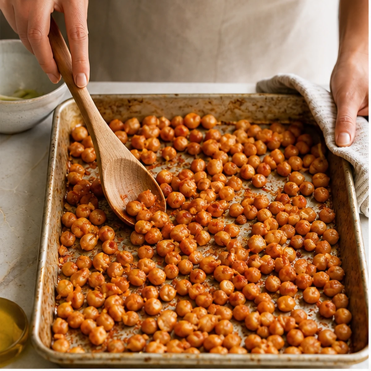 Crisp the beans for Crispy White Bean Breakfast Bowl, showing the ingredients and preparation at this stage