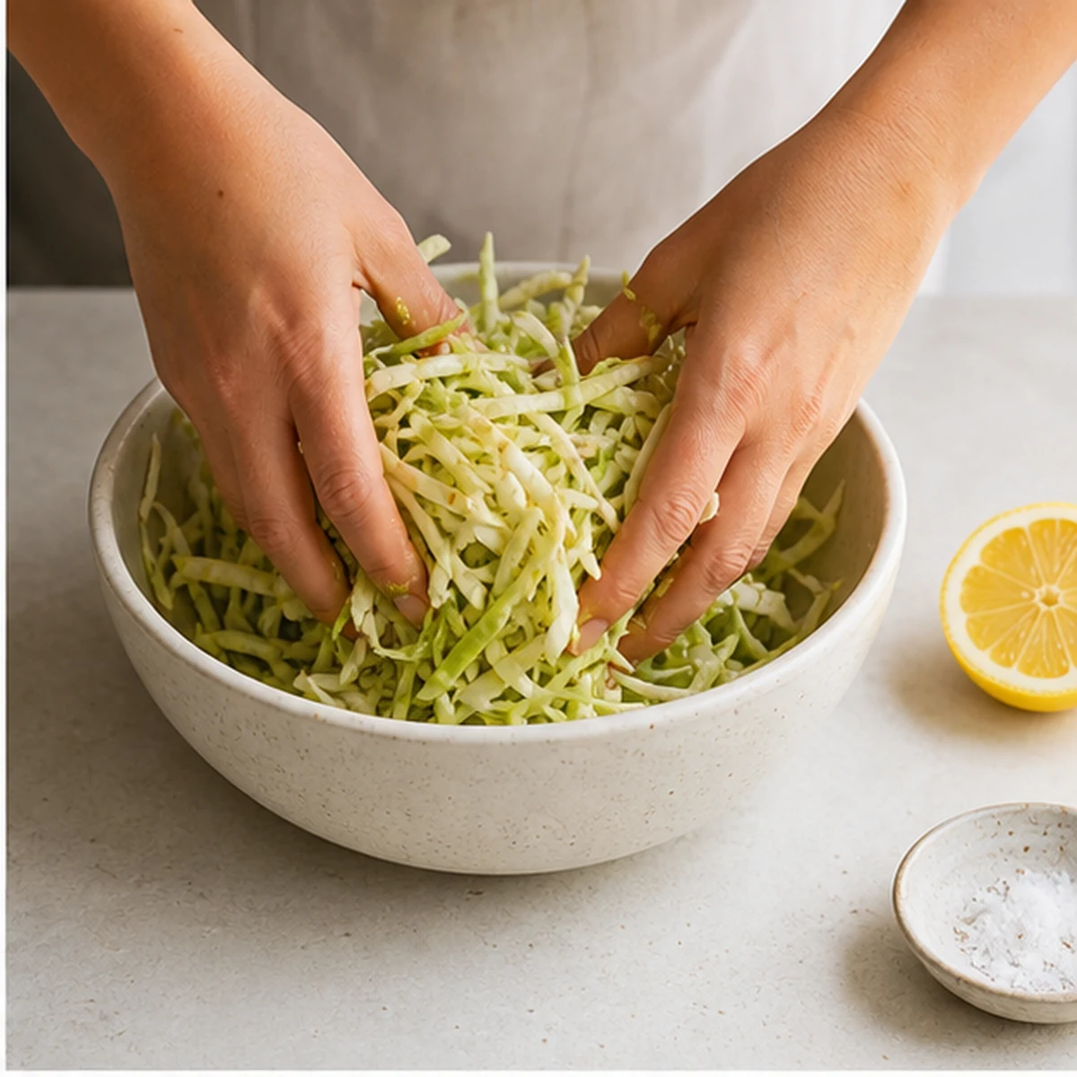 Dress the cabbage for Crispy White Bean Breakfast Bowl, showing the ingredients and preparation at this stage