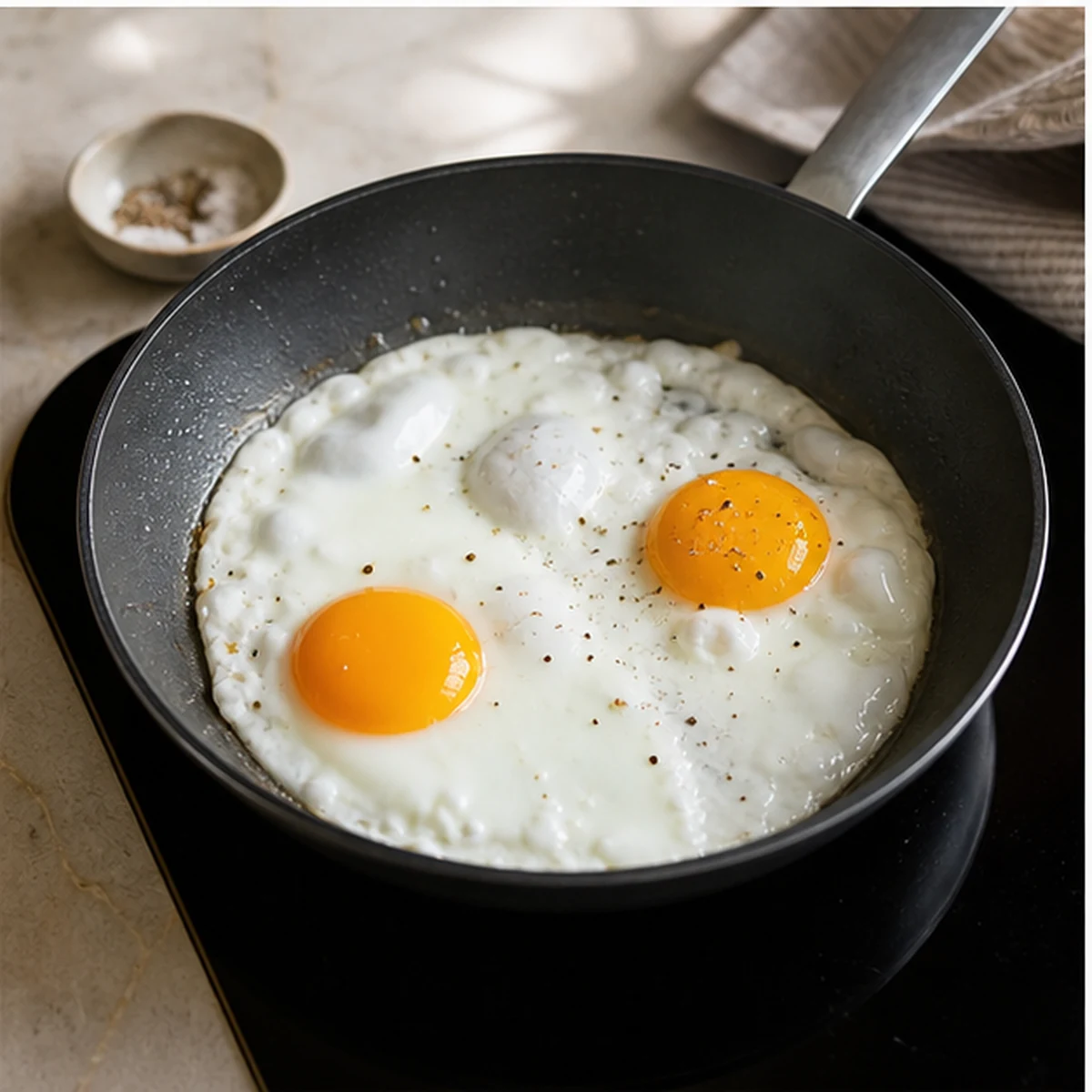 Cook the eggs for Crispy White Bean Breakfast Bowl, showing the ingredients and preparation at this stage