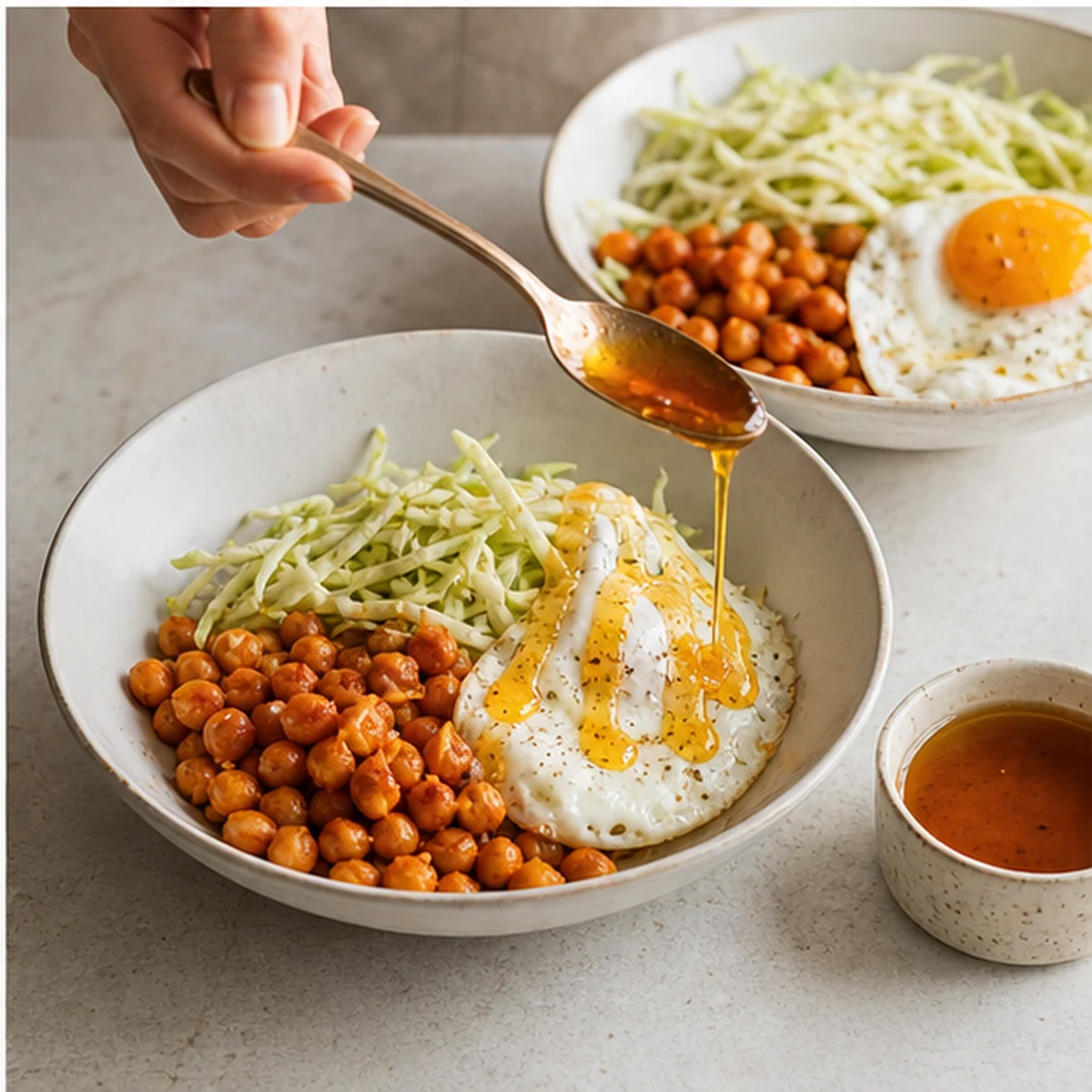 Assemble for Crispy White Bean Breakfast Bowl, showing the ingredients and preparation at this stage
