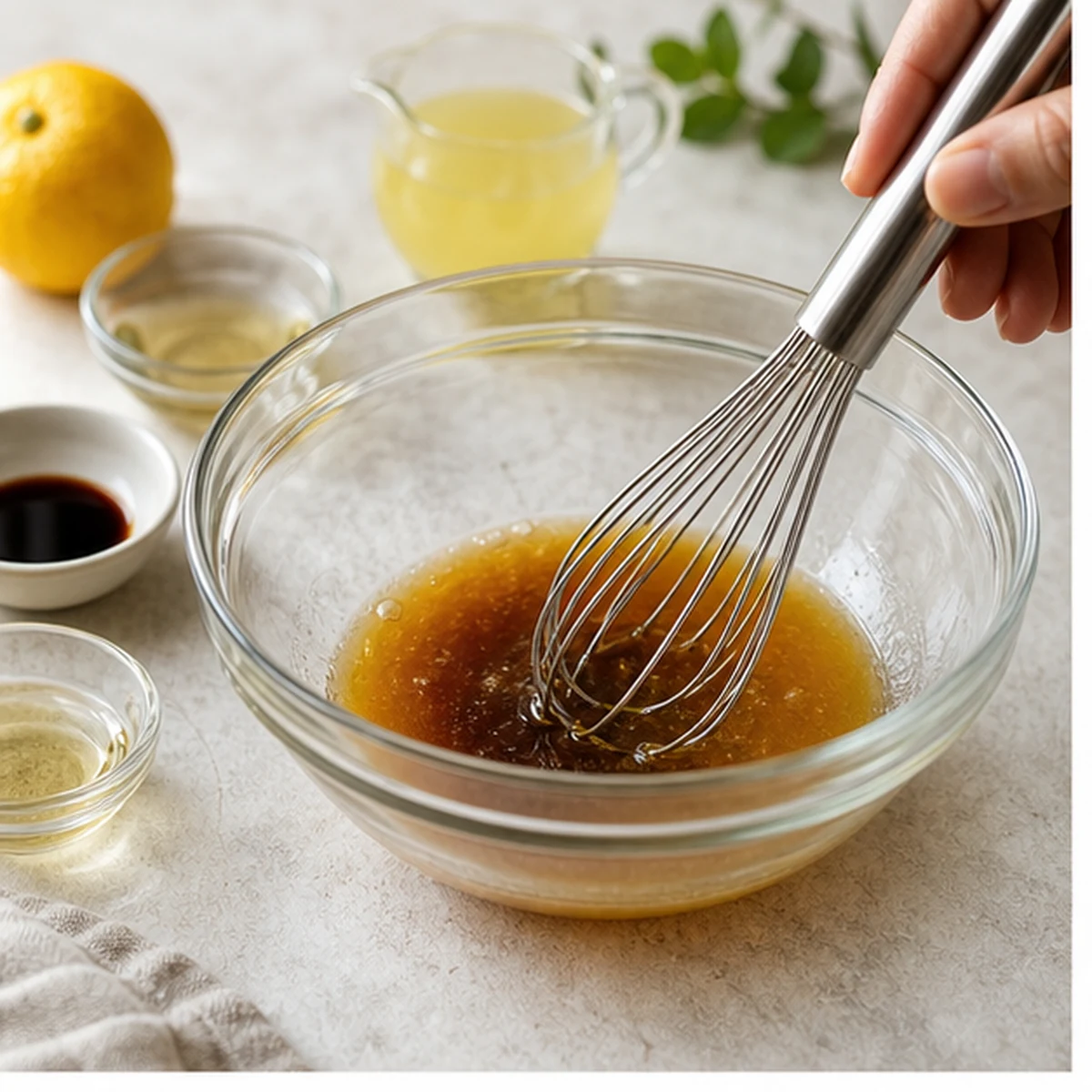 Combine acids for Yuzu Vinaigrette, showing the ingredients and preparation at this stage