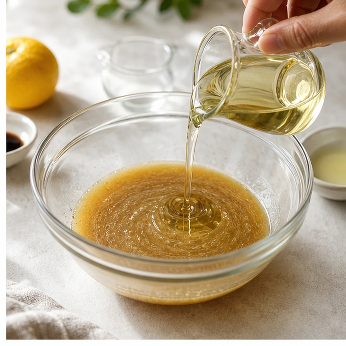Emulsify for Yuzu Vinaigrette, showing the ingredients and preparation at this stage