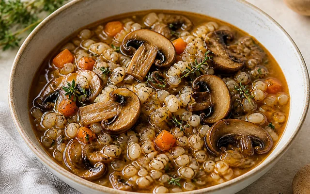 Barley Mushroom Soup, styled to show the recipe's intended texture, color, and serving presentation