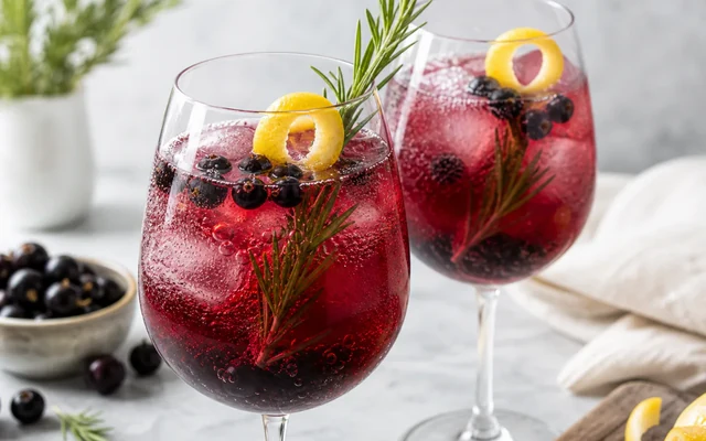 Black Currant Rosemary Spritz, styled to show the recipe's intended texture, color, and serving presentation