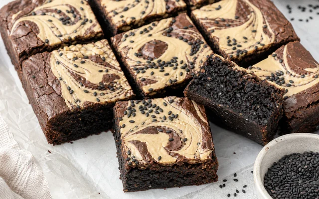 Black Sesame Tahini Brownies, styled to show the recipe's intended texture, color, and serving presentation