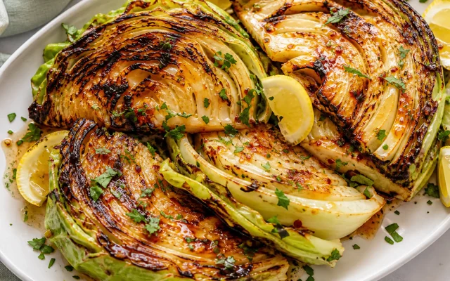 Blistered Cabbage Steaks, styled to show the recipe's intended texture, color, and serving presentation