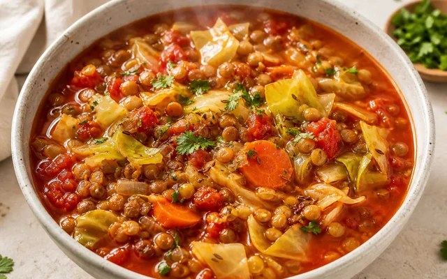 Cabbage Lentil Soup, styled to show the recipe's intended texture, color, and serving presentation