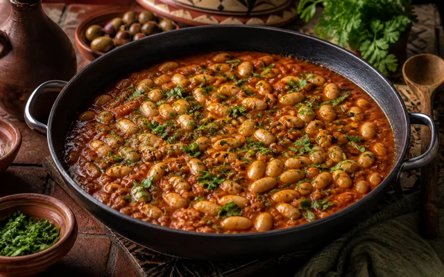Skillet of creamy Moroccan white beans in tomato-cumin sauce
