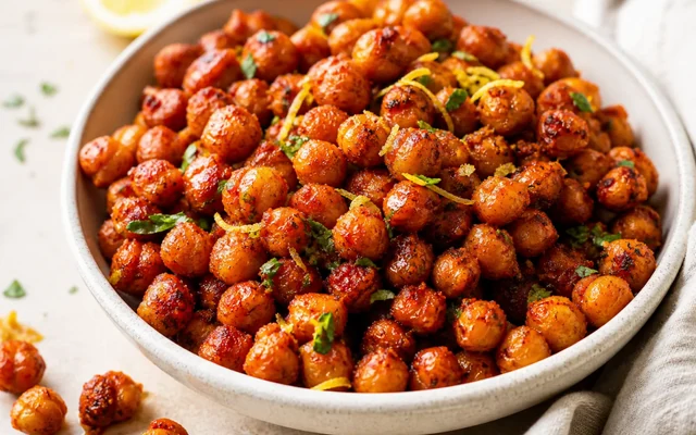 Crispy Harissa Chickpeas, styled to show the recipe's intended texture, color, and serving presentation