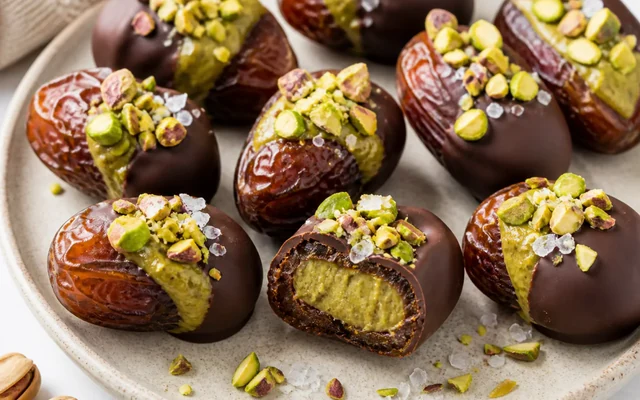 Date Pistachio Chocolate Bites, styled to show the recipe's intended texture, color, and serving presentation