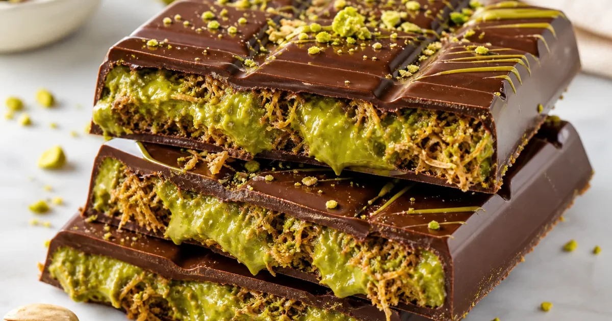 Tablette de chocolat cassée, révélant une garniture verte de pistache et de kataifi doré.