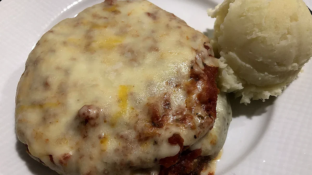 Eggplant Parmesan as served, showing the finished dish