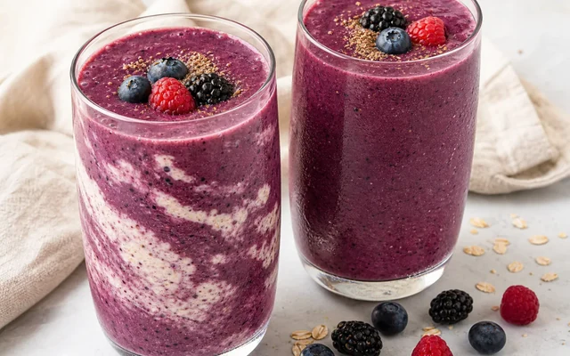 Fibermaxxing Berry Oat Smoothie, styled to show the recipe's intended texture, color, and serving presentation