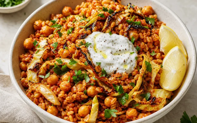 Harissa Chickpea Grain Bowl, styled to show the recipe's intended texture, color, and serving presentation