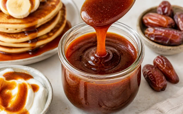 Homemade Date Syrup, styled to show the recipe's intended texture, color, and serving presentation