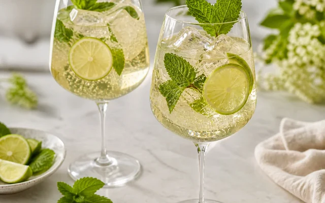 Hugo Spritz, styled to show the recipe's intended texture, color, and serving presentation