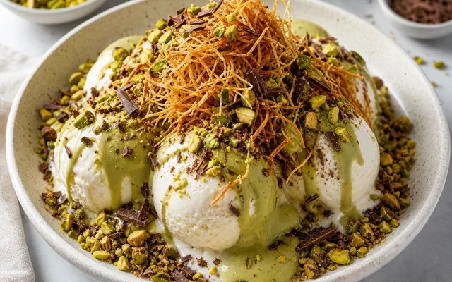 Kataifi Pistachio Ice Cream Sundae, styled to show the recipe's intended texture, color, and serving presentation