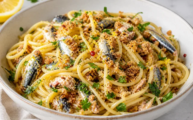 Lemon Sardine Pasta, styled to show the recipe's intended texture, color, and serving presentation
