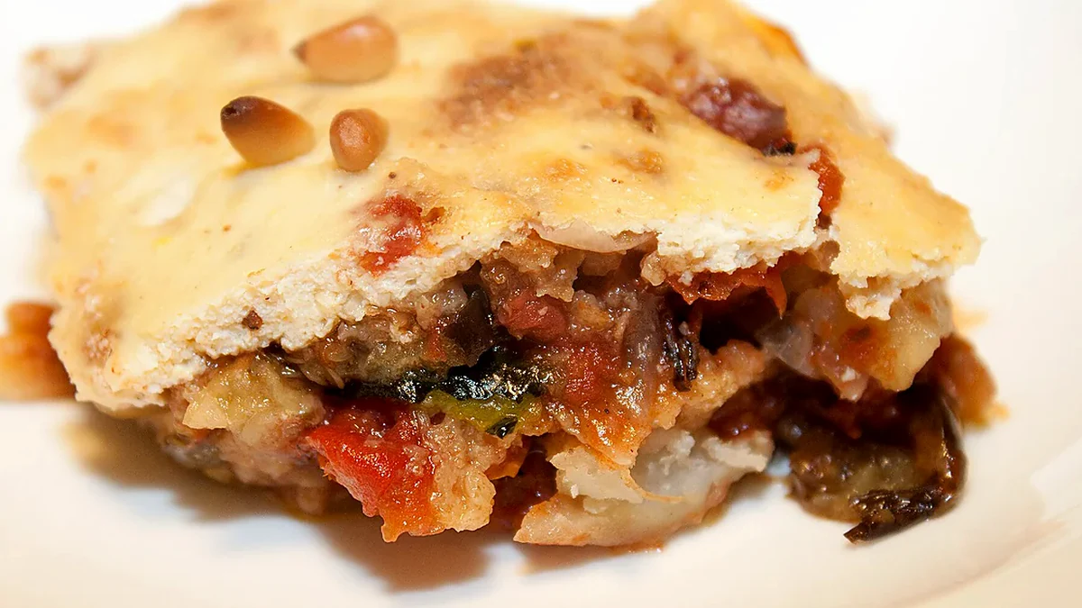 Moussaka as served, showing the finished dish