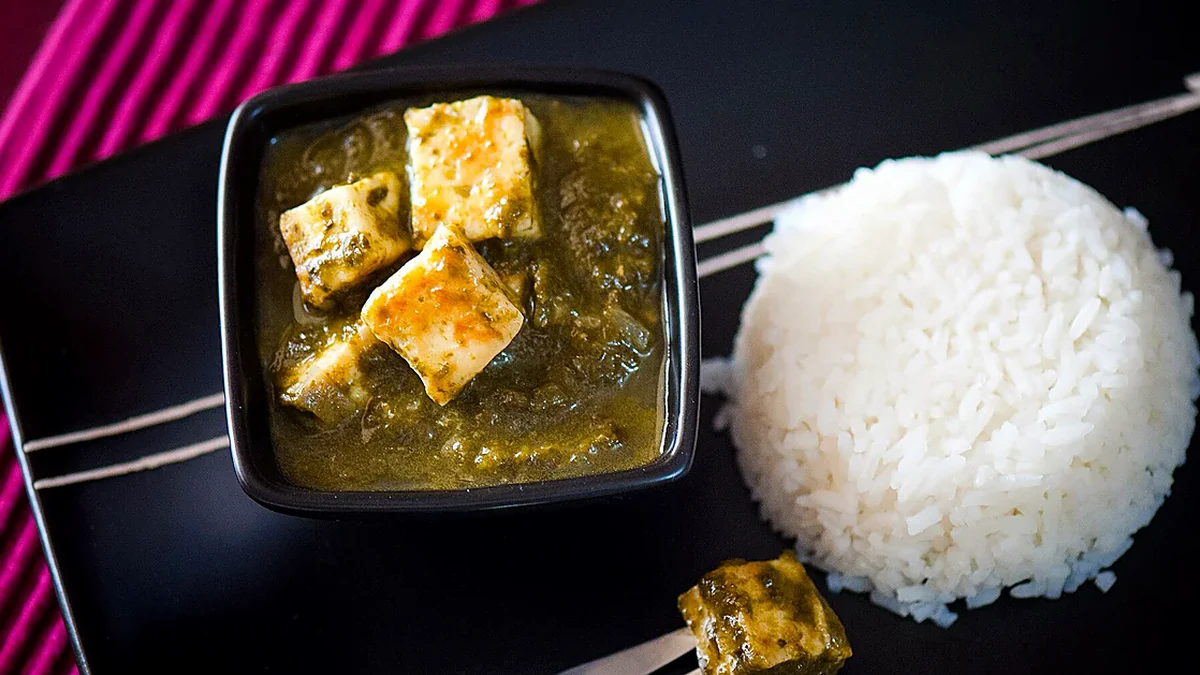 Palak Paneer as served, showing the finished dish
