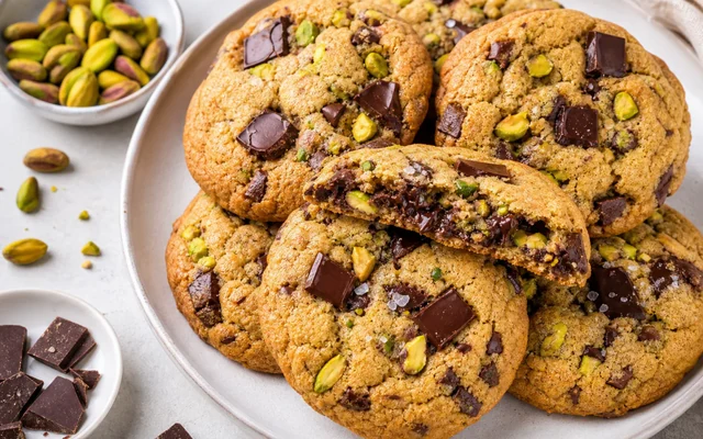 Pistachio Chocolate Cookies, styled to show the recipe's intended texture, color, and serving presentation