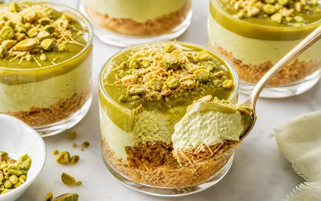Pistachio Kataifi Cheesecake Cups, styled to show the recipe's intended texture, color, and serving presentation