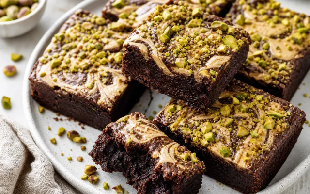 Pistachio Tahini Brownies, styled to show the recipe's intended texture, color, and serving presentation