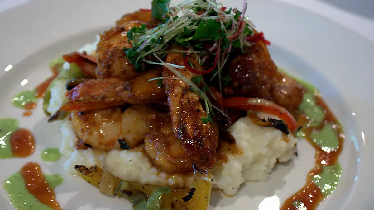 Shrimp and Grits as served, showing the finished dish