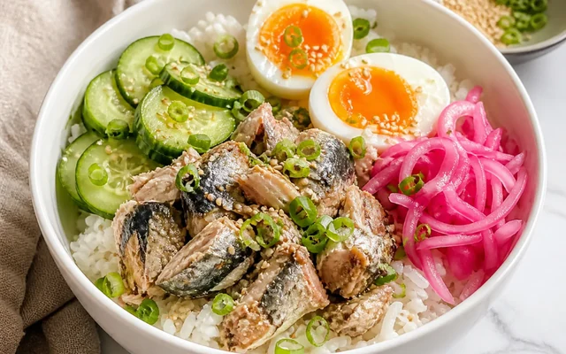 Tinned Fish Rice Bowl, styled to show the recipe's intended texture, color, and serving presentation