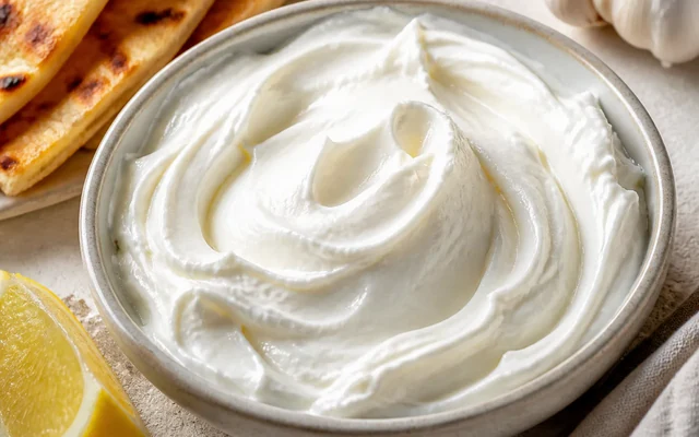 Toum Garlic Sauce, styled to show the recipe's intended texture, color, and serving presentation