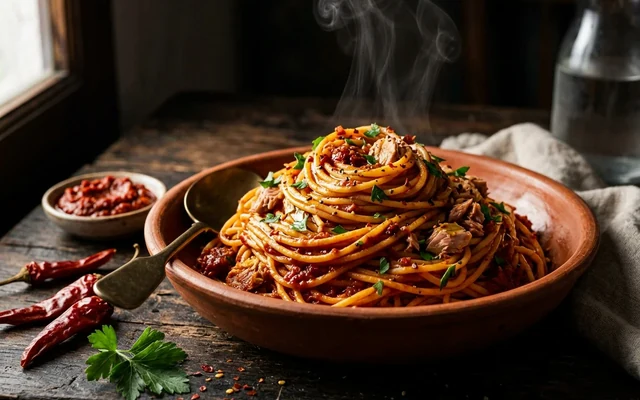 Terracotta bowl of spaghetti in brick-red Tunisian harissa sauce with flaked tuna, parsley, and olive oil