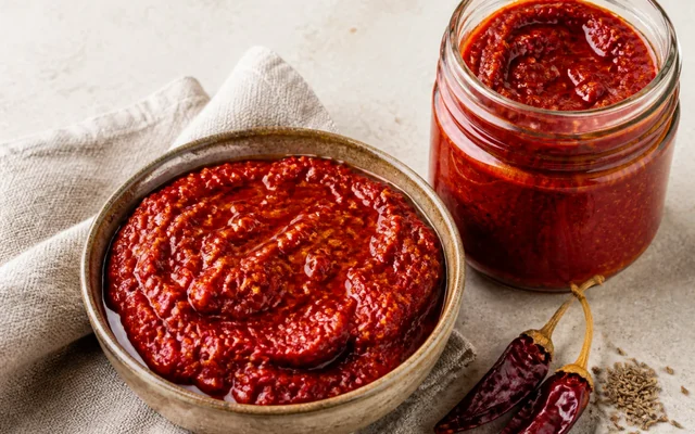 Tunisian Harissa Paste, styled to show the recipe's intended texture, color, and serving presentation