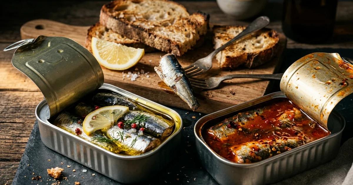Two opened rectangular sardine tins displaying glossy whole sardines in golden olive oil and spiced tomato sauce beside crusty sourdough