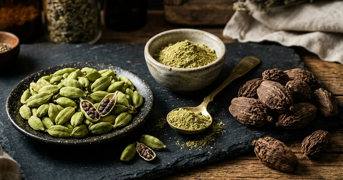 Three unlabelled bowls displaying whole green cardamom pods, smoky black cardamom pods, and ground spice on dark slate