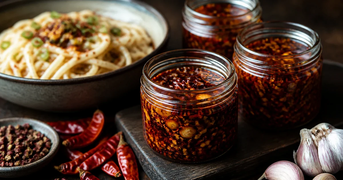 Three unlabelled jars of crunchy red chili crisp beside dried chiles, garlic, and a bowl of noodles