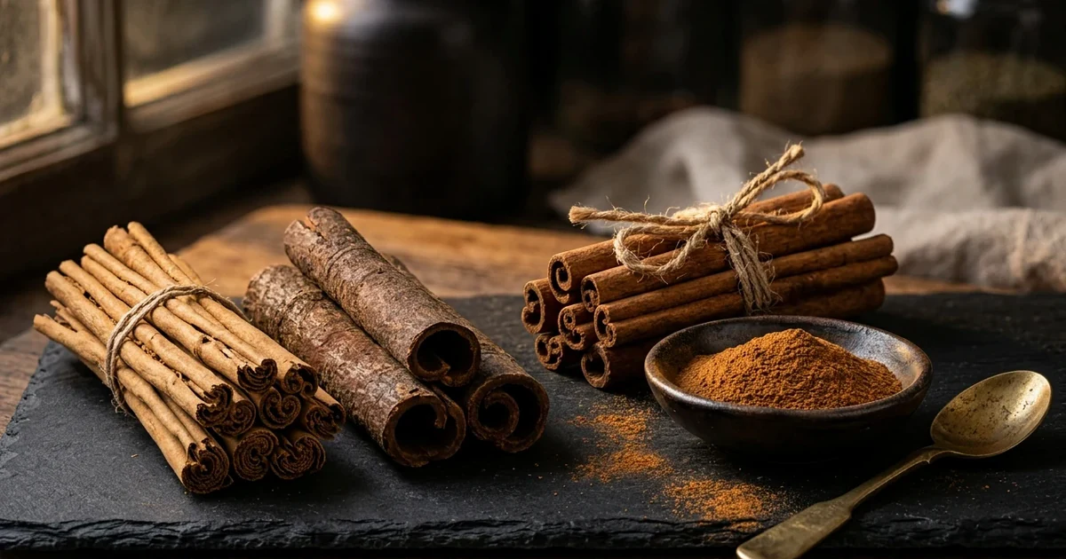Three unlabelled bundles of cinnamon sticks comparing multi-layered Ceylon quills, thick Cassia bark, and ground spice in a ceramic bowl