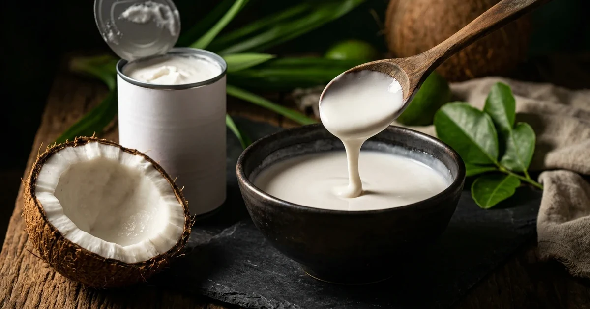An opened unlabelled tin of full-fat coconut milk showing natural thick cream separation beside a cracked fresh coconut and ceramic bowl