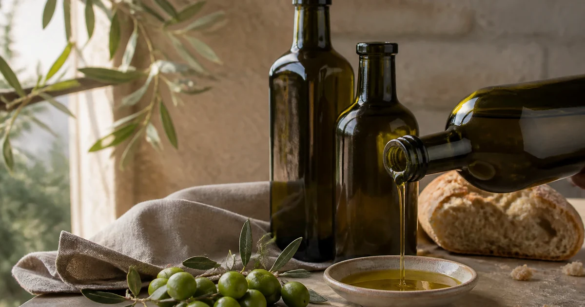 Three unlabelled dark bottles of golden-green olive oil beside olives on a branch and torn bread