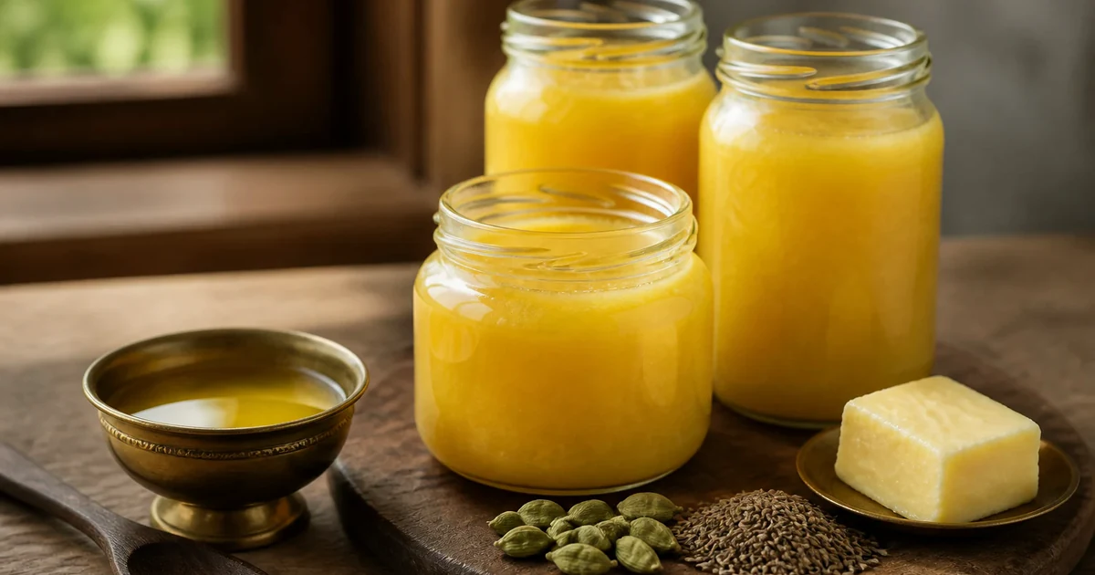 Three unlabelled jars of golden ghee beside a brass bowl of clarified butter, a wooden spoon, and whole spices