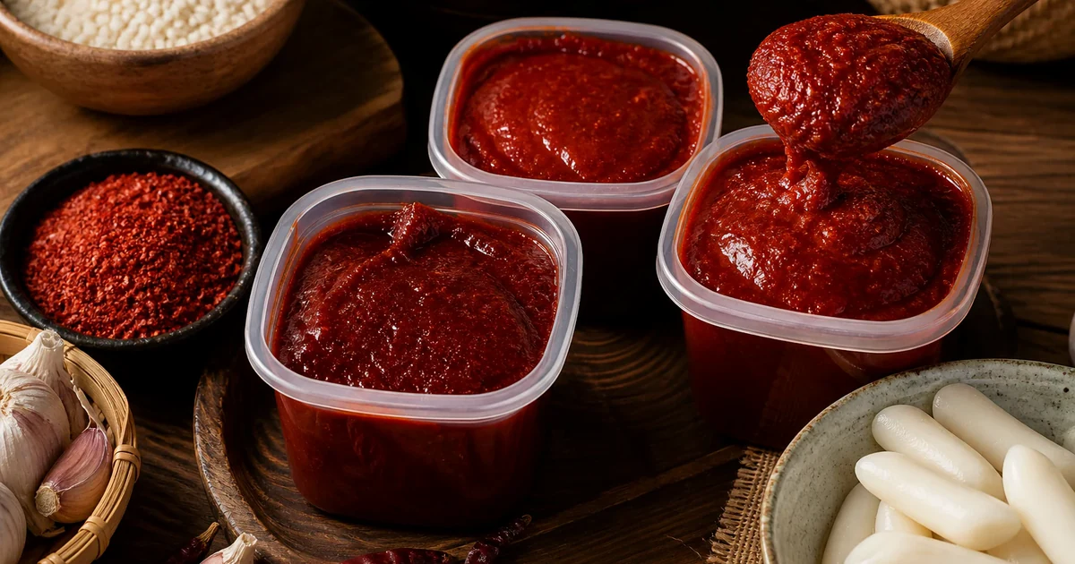 Three unlabelled tubs of deep-red gochujang beside gochugaru flakes, garlic, and rice cakes
