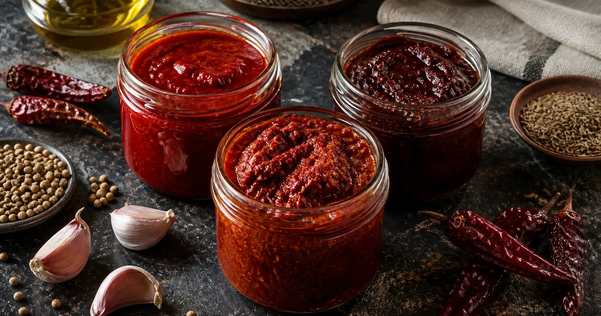 Three unlabelled jars of red harissa paste beside dried chiles, garlic, coriander, and caraway