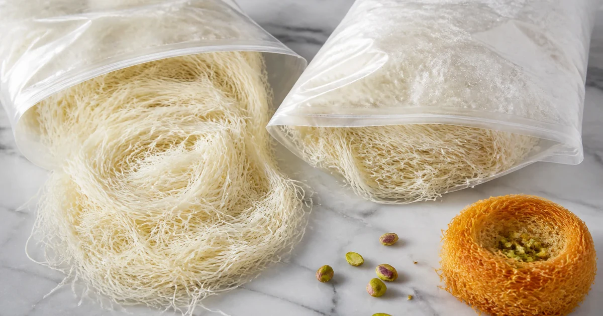 Raw pale kataifi pastry strands beside a pan of crisp toasted kataifi and an open pistachio chocolate bar