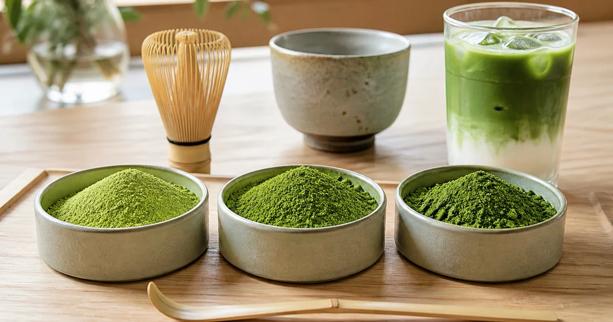 Three bowls of differently shaded green matcha powder beside a bamboo whisk and an iced matcha latte
