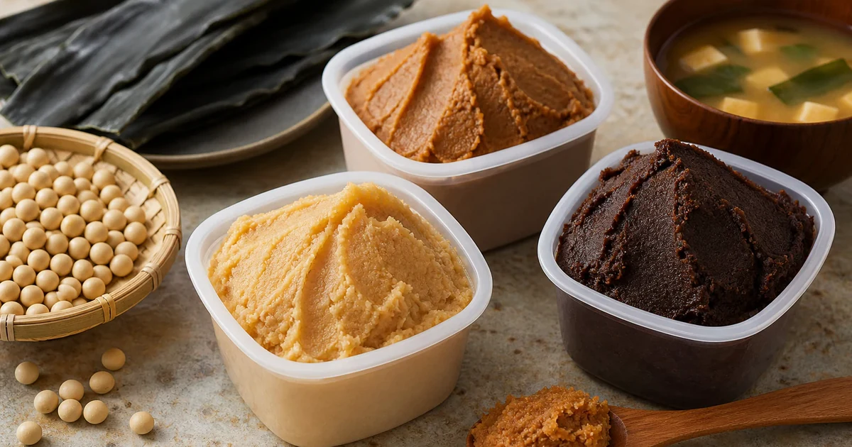 Three unlabelled tubs of pale and dark miso paste beside soybeans, a wooden spoon, and a small bowl of miso soup