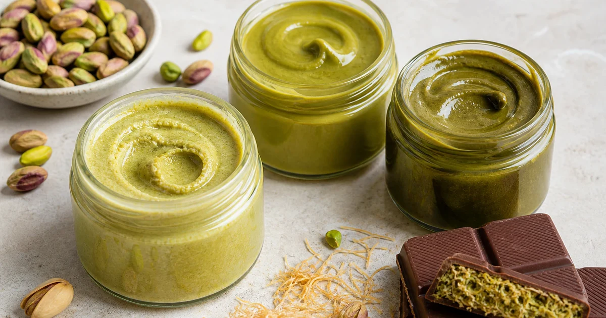 Three unlabelled jars of green pistachio cream beside pistachios, toasted kataifi, and pieces of chocolate